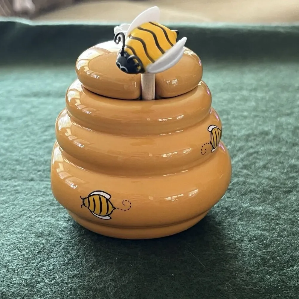 Mini Honey Pot Ceramic Jar & Wood Dipper Joie MSC Beehive with Bee Dipper